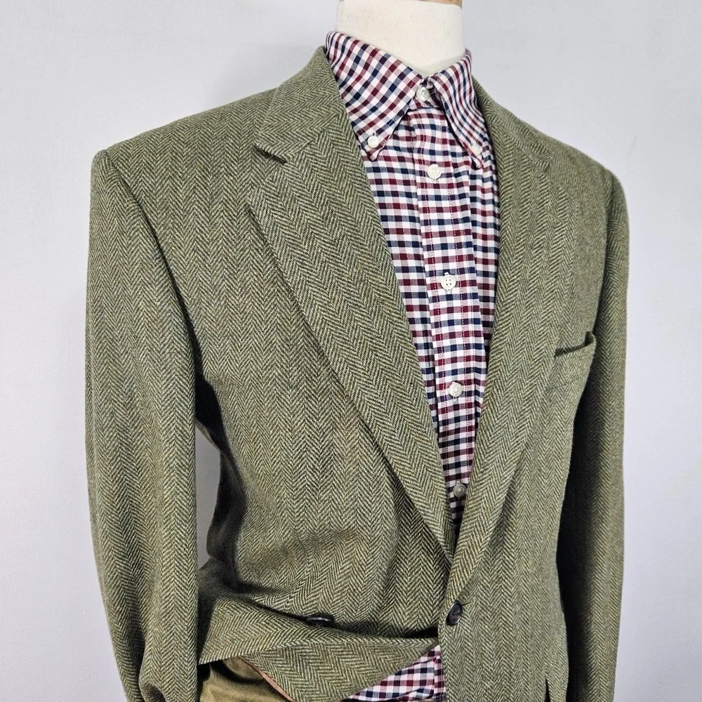 Land's End Men's Tweed Style Sport Coat Blazer Two Button Olive Wool & Lamb 41L